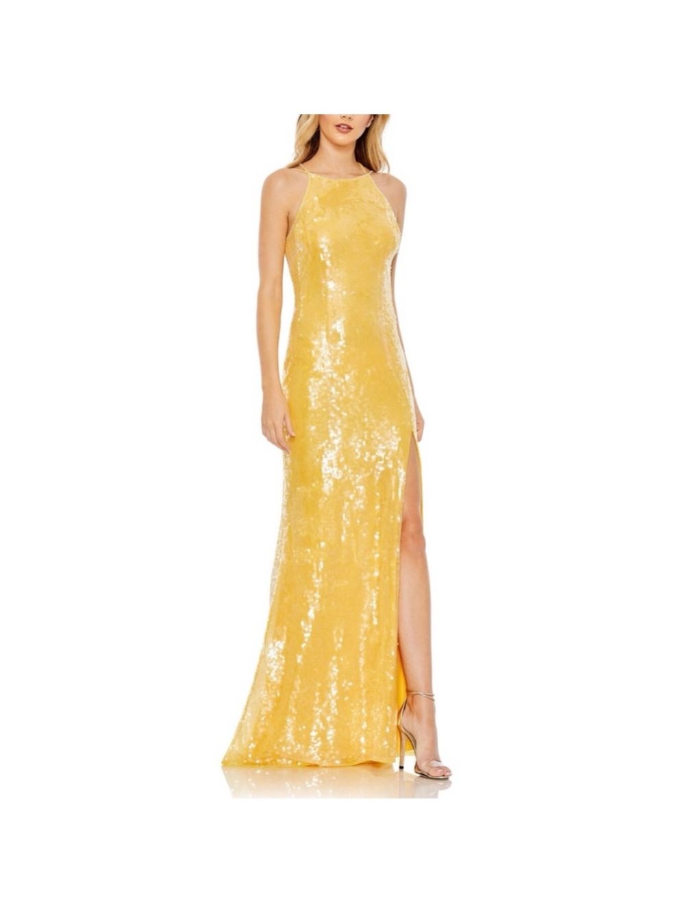Mac Duggal Yellow Sequin Halter Maxi Gown